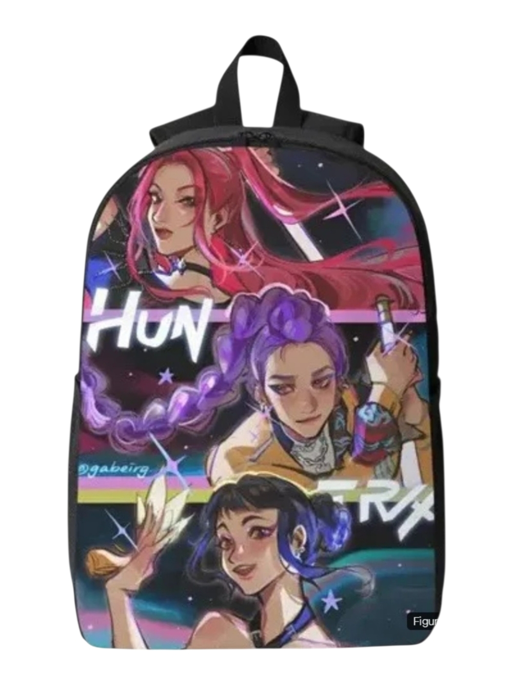 Anime Character Print Backpack in Black with Pink, Purple & Blue Artwork